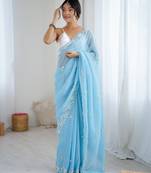 Sky blue color chiffon crush fabric heavy designer work partywear saree