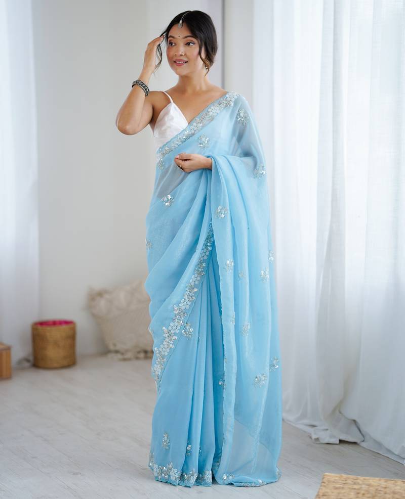 Sky blue color chiffon crush fabric heavy designer work partywear saree