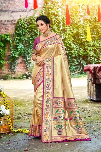 Beige color silk blended woven designer ethnic partywear saree