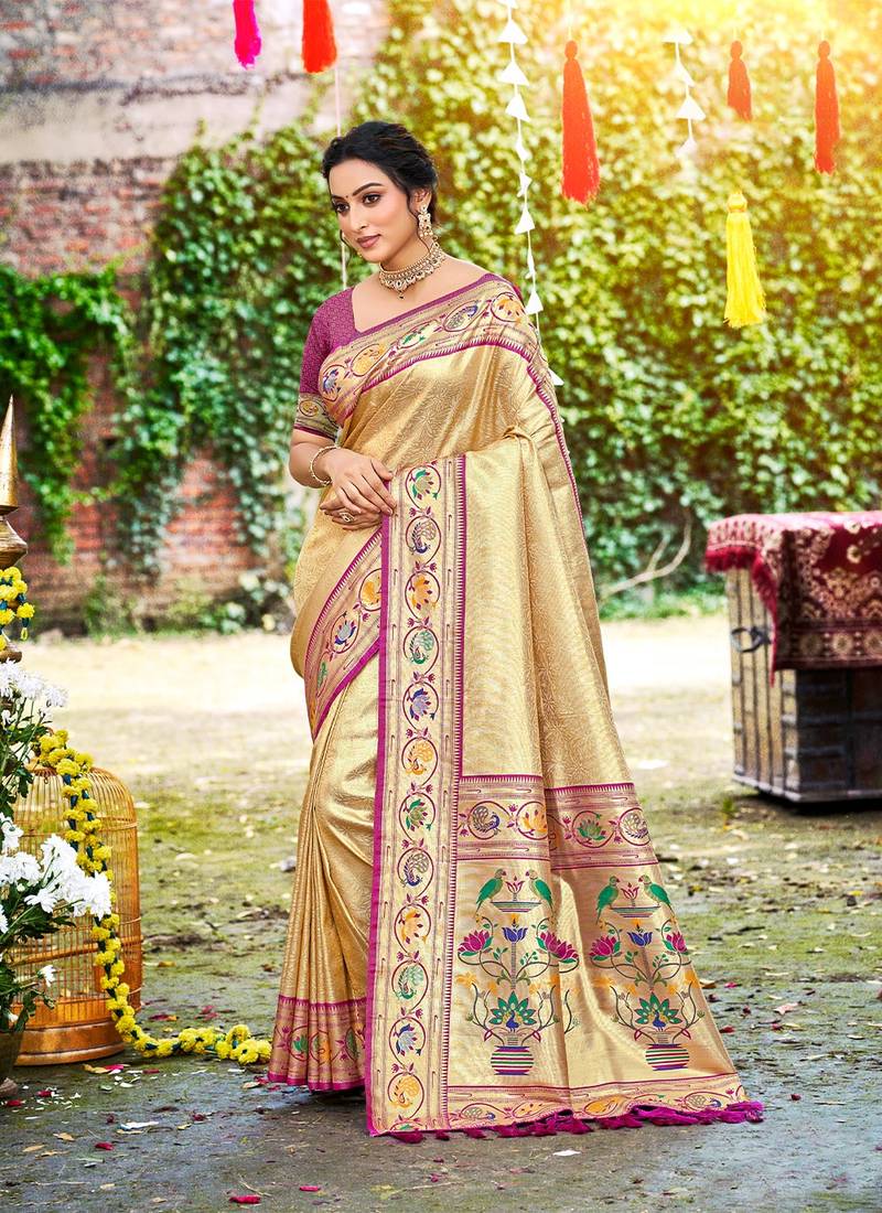 Beige color silk blended woven designer ethnic partywear saree