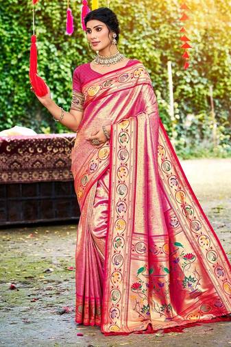 Pink color silk blended woven designer ethnic partywear saree