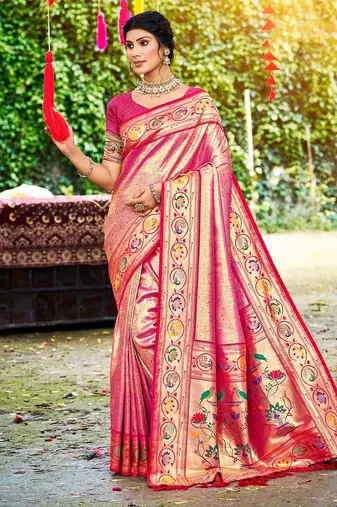 Pink color silk blended woven designer ethnic partywear saree