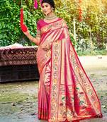 Pink color silk blended woven designer ethnic partywear saree