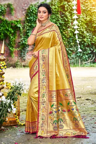 Yellow color silk blended woven designer ethnic partywear saree