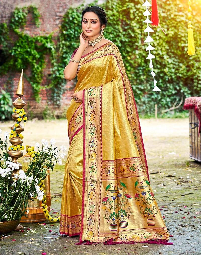 Yellow color silk blended woven designer ethnic partywear saree