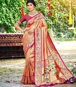 Orange color silk blended woven designer ethnic partywear saree