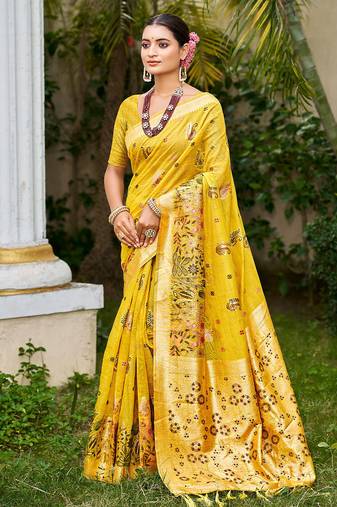 Yellow color cotton silk fabric woven meenakari designer saree