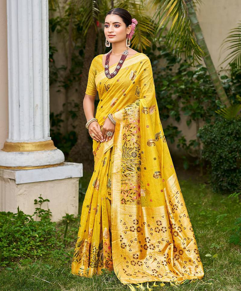 Yellow color cotton silk fabric woven meenakari designer saree