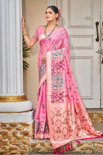 Pink color cotton silk fabric woven meenakari designer saree