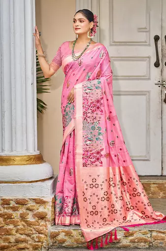 Pink color cotton silk fabric woven meenakari designer saree