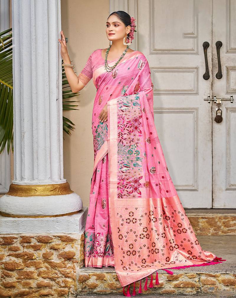 Pink color cotton silk fabric woven meenakari designer saree