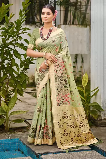 Green color cotton silk fabric woven meenakari designer saree