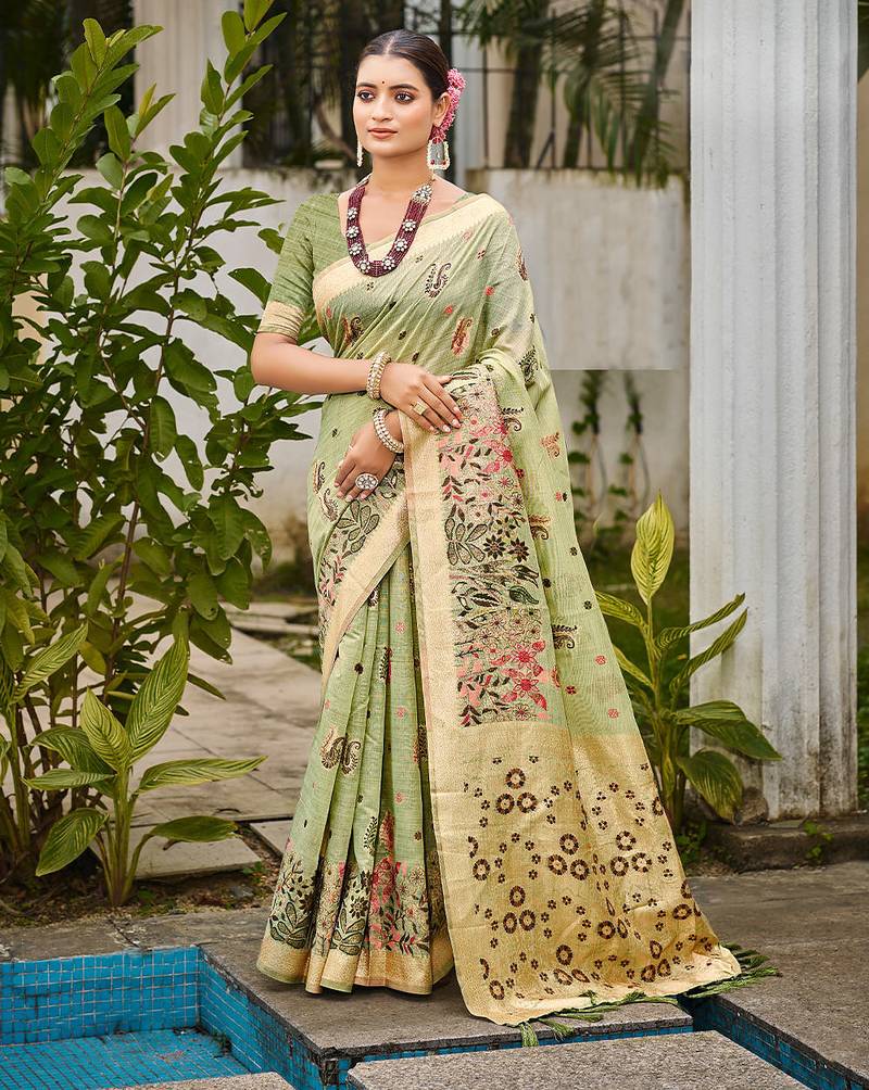 Green color cotton silk fabric woven meenakari designer saree