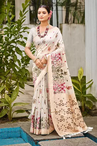 Off-white color cotton silk fabric woven meenakari designer saree