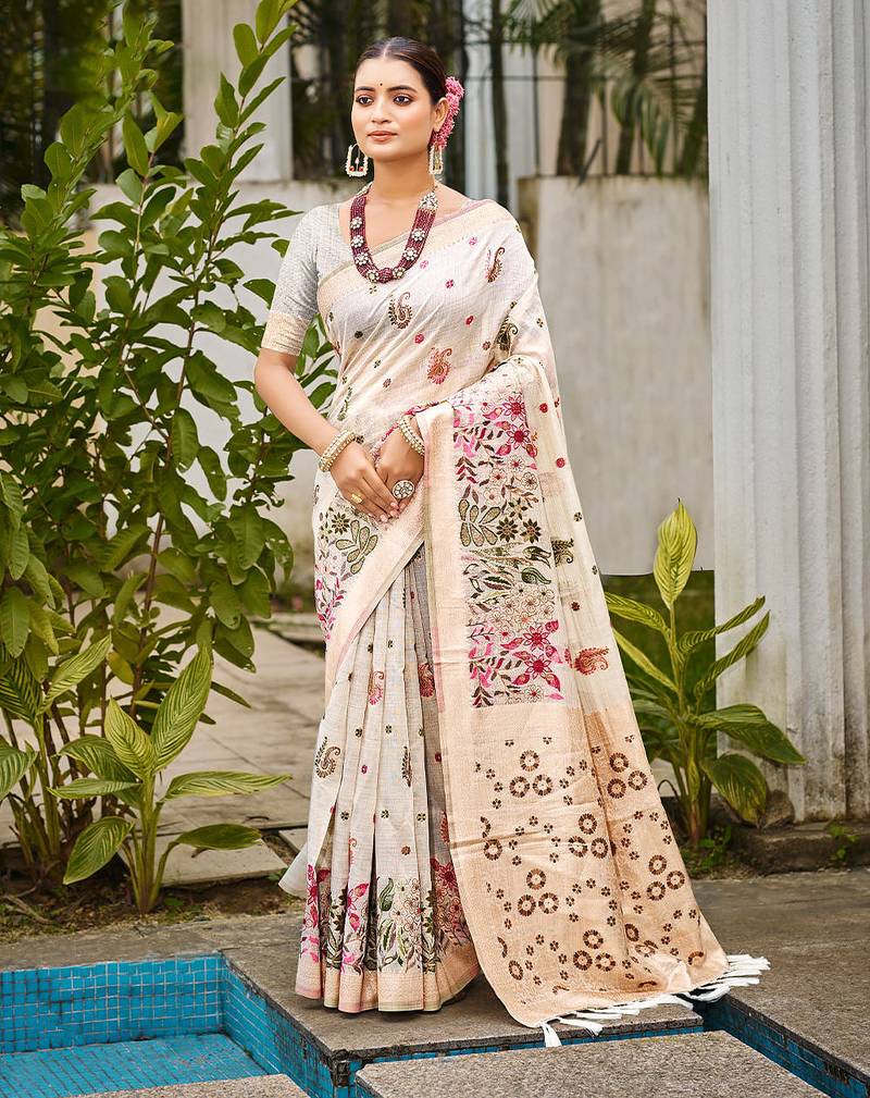 Off-white color cotton silk fabric woven meenakari designer saree