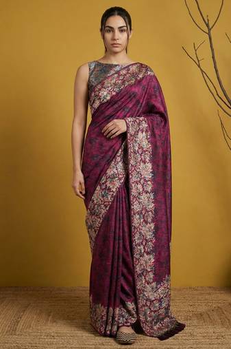 soft art silk floral printed saree with rainbow zari woven pallu and contrast blouse