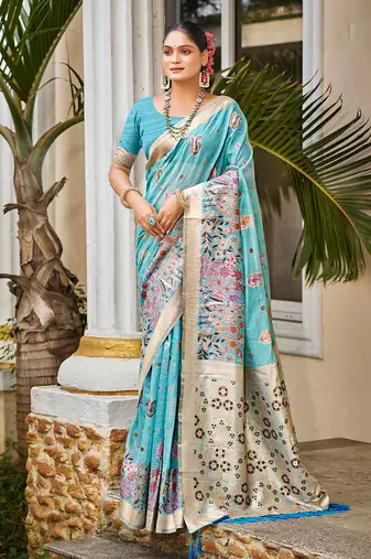 Blue color cotton silk fabric woven meenakari designer saree