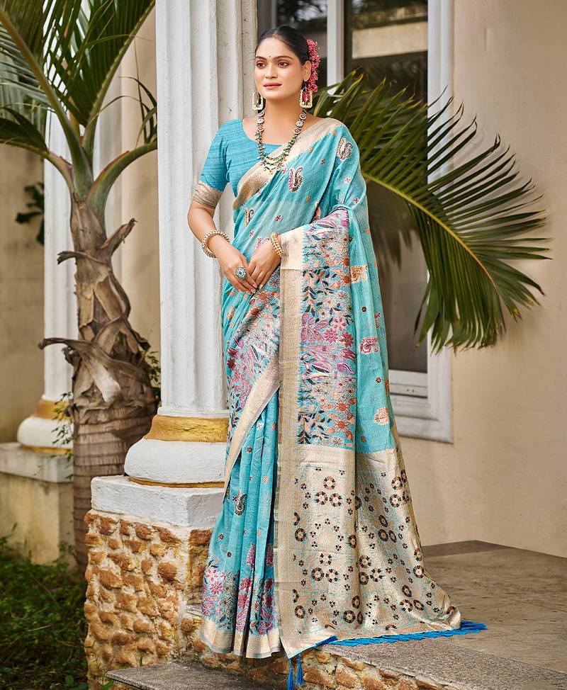 Blue color cotton silk fabric woven meenakari designer saree