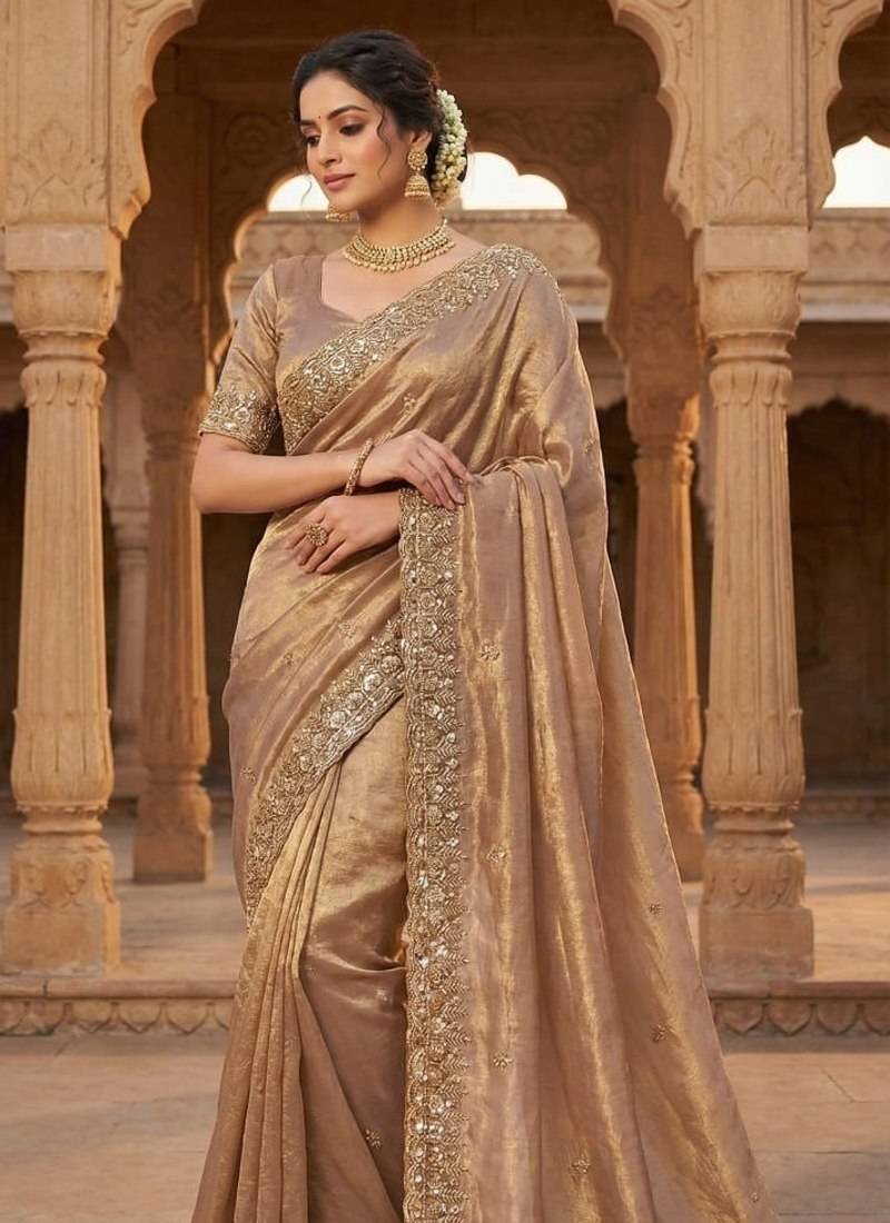 Beige color Gold Beeds Work with Cut  work Border  Silk  Saree