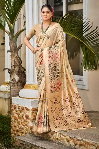 Beige color cotton silk fabric woven meenakari designer saree