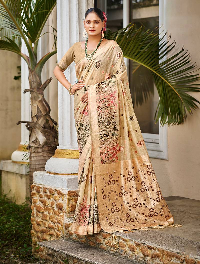 Beige color cotton silk fabric woven meenakari designer saree