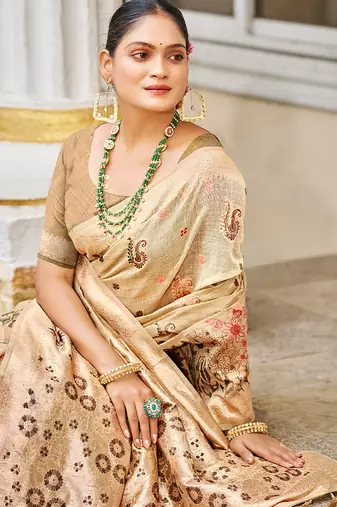 Beige cotton silk blend woven meenakari saree