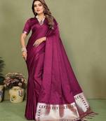 Purple color satin silk fabric ethnic woven lagdi pallu designer saree