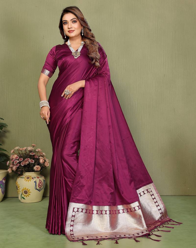 Purple color satin silk fabric ethnic woven lagdi pallu designer saree