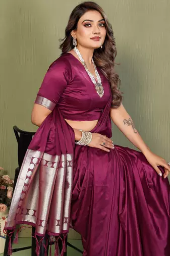 Purple satin silk blend ethnic woven lagdi pallu saree