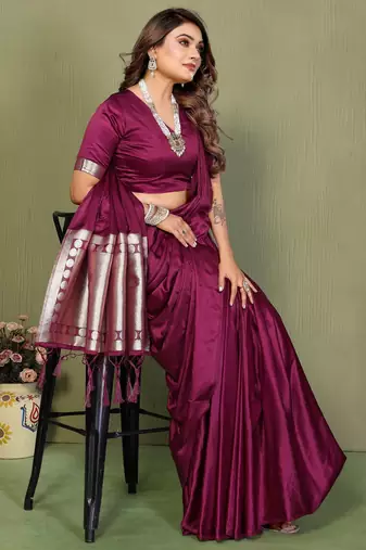 Purple satin silk blend ethnic woven lagdi pallu saree
