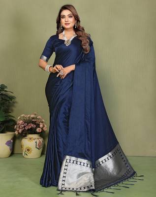 Blue satin silk blend ethnic woven lagdi pallu saree 1
