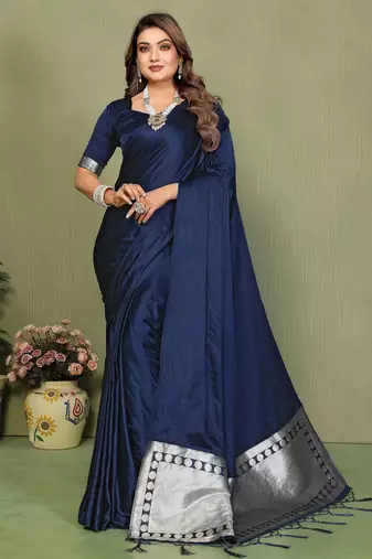 Blue color satin silk fabric ethnic woven lagdi pallu designer saree