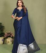 Blue color satin silk fabric ethnic woven lagdi pallu designer saree