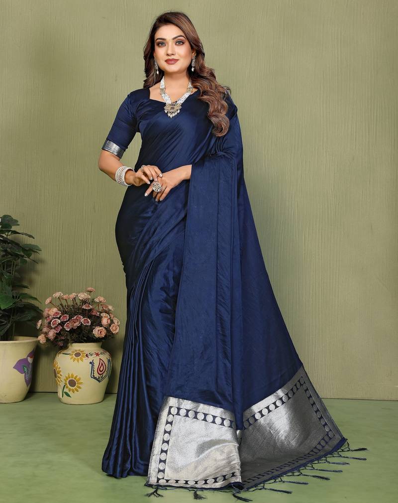 Blue color satin silk fabric ethnic woven lagdi pallu designer saree