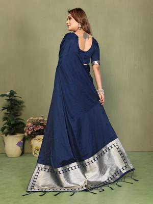 Blue satin silk blend ethnic woven lagdi pallu saree 2