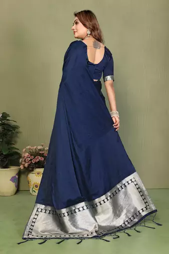 Blue satin silk blend ethnic woven lagdi pallu saree
