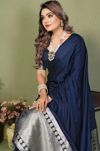 Blue satin silk blend ethnic woven lagdi pallu saree