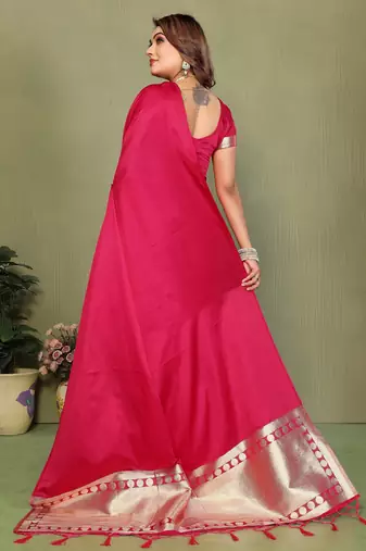 Red satin silk blend ethnic woven lagdi pallu saree