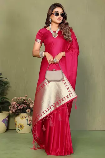 Red satin silk blend ethnic woven lagdi pallu saree