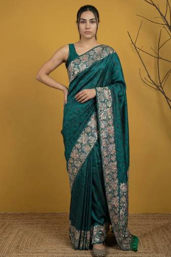 soft art silk floral printed saree with rainbow zari woven pallu and contrast blouse