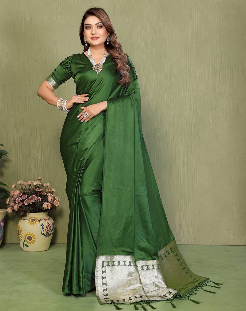 Mahendi color satin silk fabric ethnic woven lagdi pallu designer saree