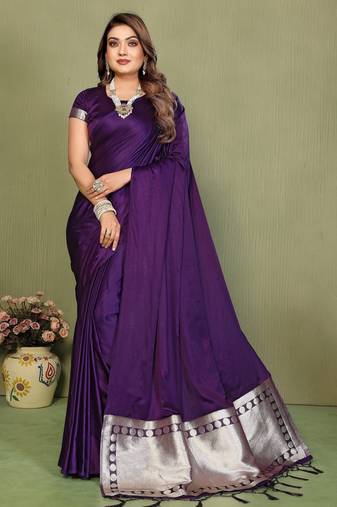 Violet color satin silk fabric ethnic woven lagdi pallu designer saree
