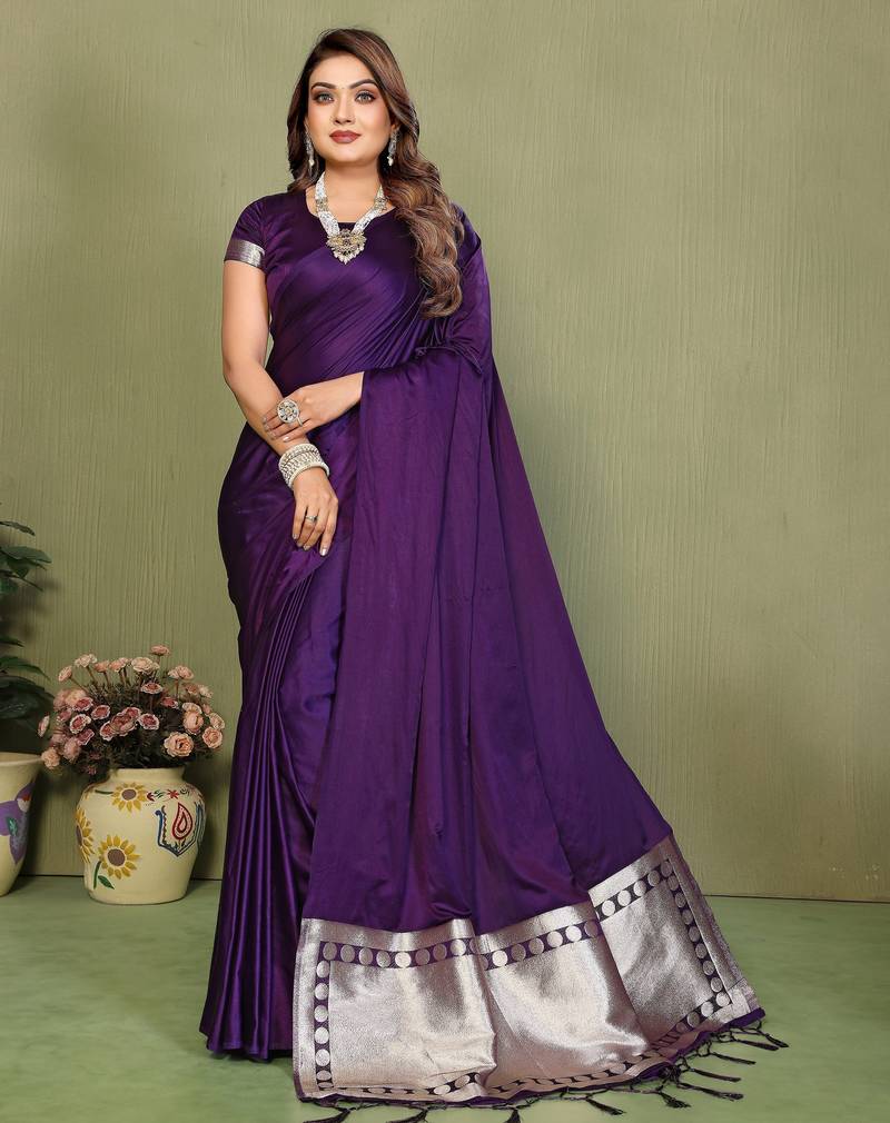 Violet color satin silk fabric ethnic woven lagdi pallu designer saree