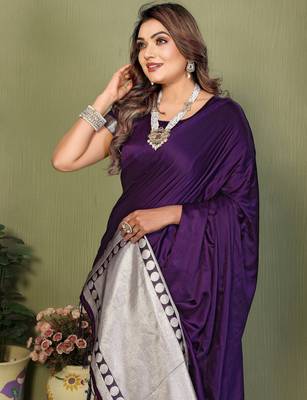Violet satin silk blend ethnic woven lagdi pallu saree 3