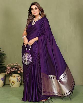 Violet satin silk blend ethnic woven lagdi pallu saree 4