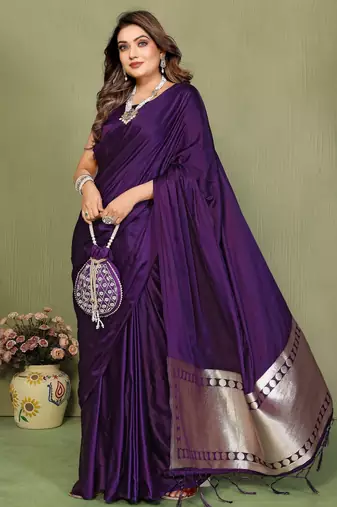 Violet satin silk blend ethnic woven lagdi pallu saree