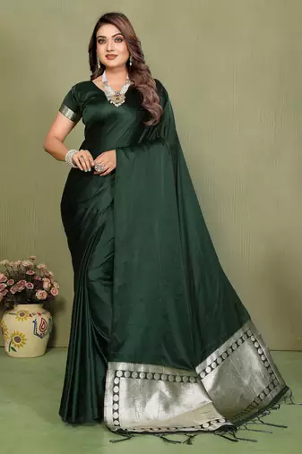 Green color satin silk fabric ethnic woven lagdi pallu designer saree