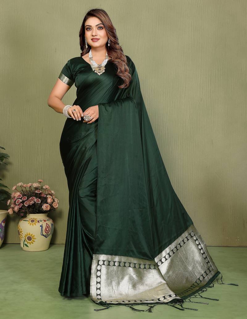 Green color satin silk fabric ethnic woven lagdi pallu designer saree