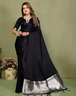 Black satin silk blend ethnic woven lagdi pallu saree 1