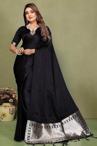Black color satin silk fabric ethnic woven lagdi pallu designer saree